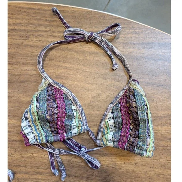 Agua Bendita Bikini Set Small Purple Feather Ribbon Embroidered Brazil Scrunch - Picture 2 of 15